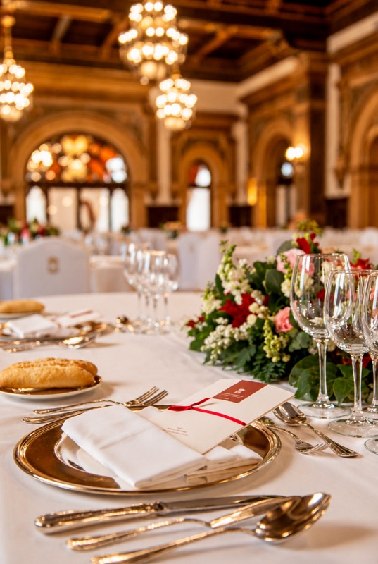 Mesa del banquete de boda con cristalería, flores y minuta, en un salón con lámparas de araña